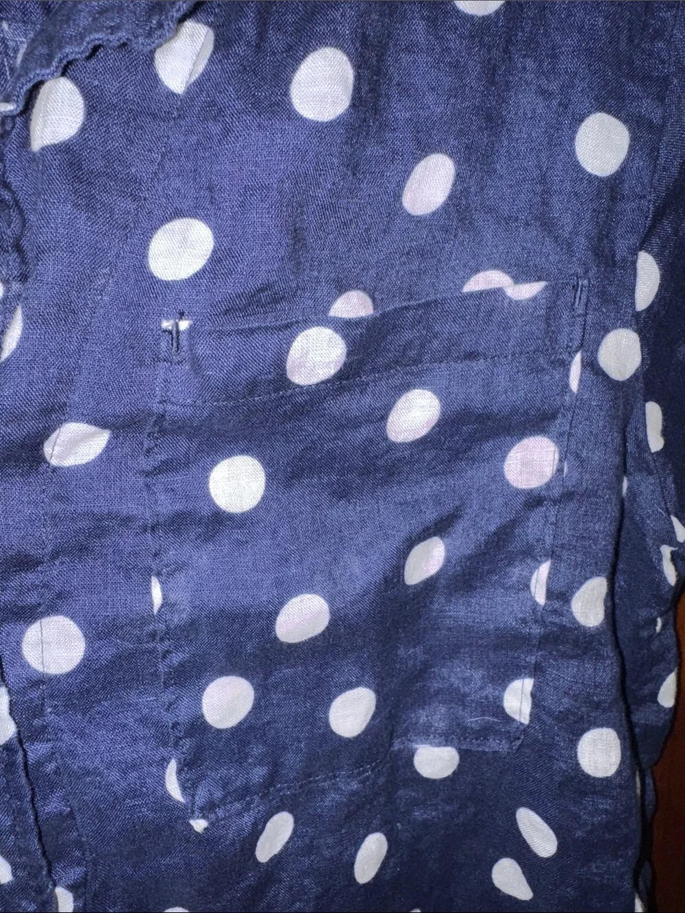 Anthropologie Maeve 100% Linen Navy and White Polka Dot Top Size Medium - Picture 5 of 7